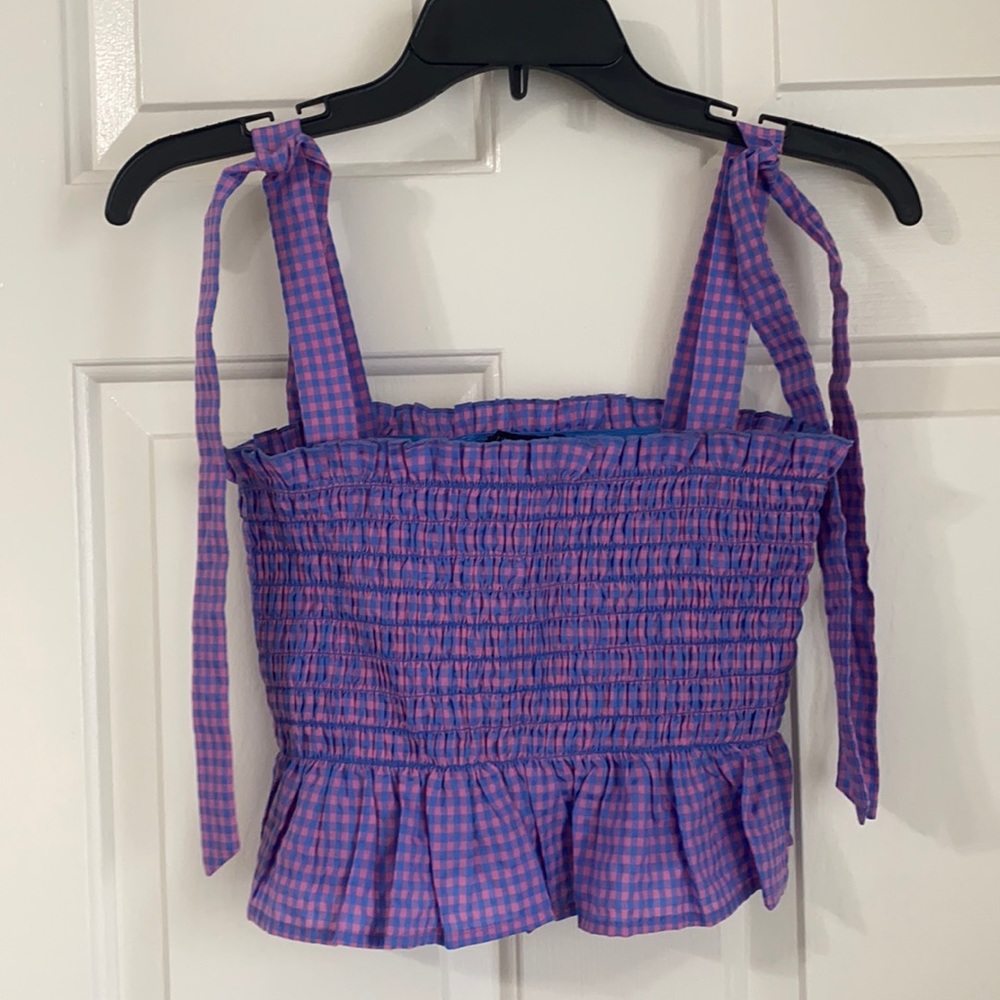 Blue & pink gingham crop top - not functional strap ties - size M